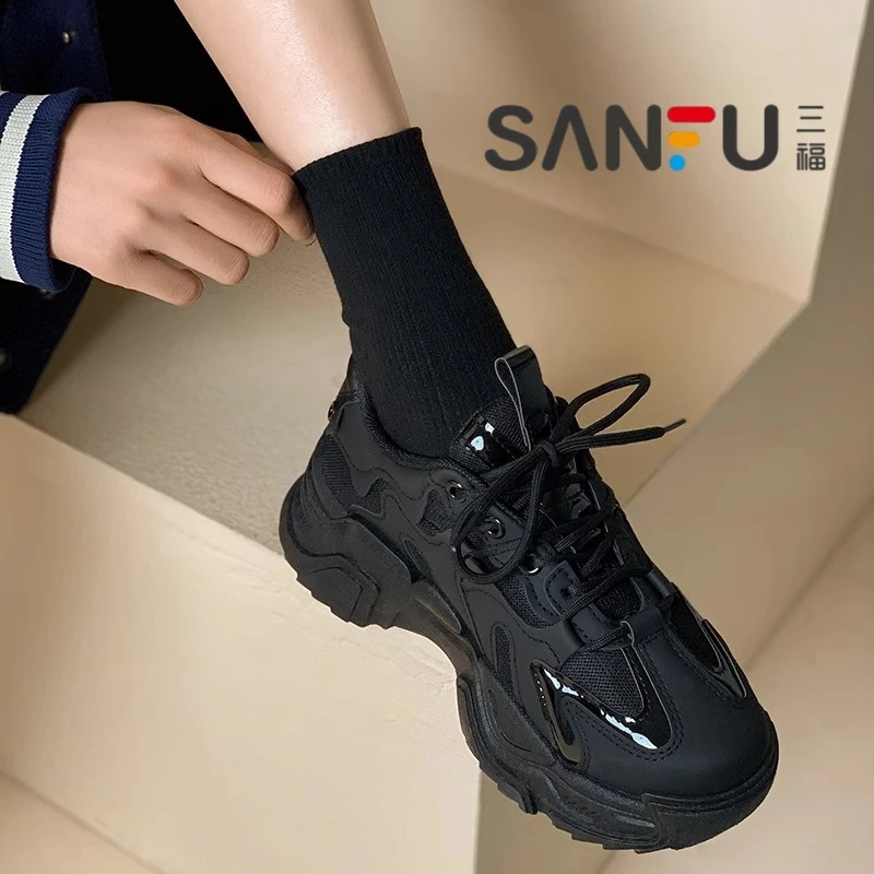 三福黑色老爹鞋女2025年春秋季新款网面透气厚底高级感休闲运动鞋