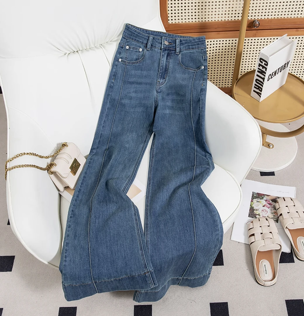 加绒秋冬新款宽松阔腿牛仔裤女小个子不贴腿弹力百搭显瘦微喇裤子