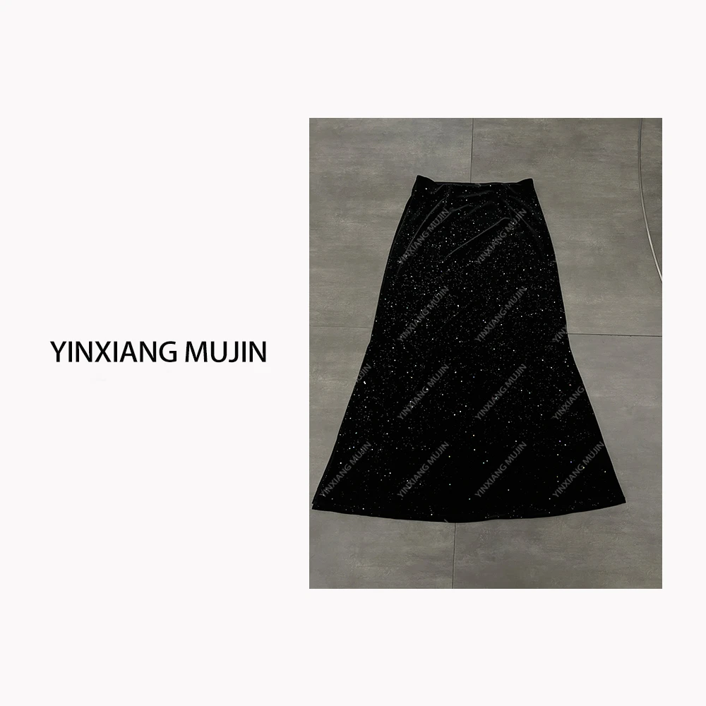 【YINXIANGMUJIN】繁星半裙 春季新款高级黑开叉半身裙女士百搭