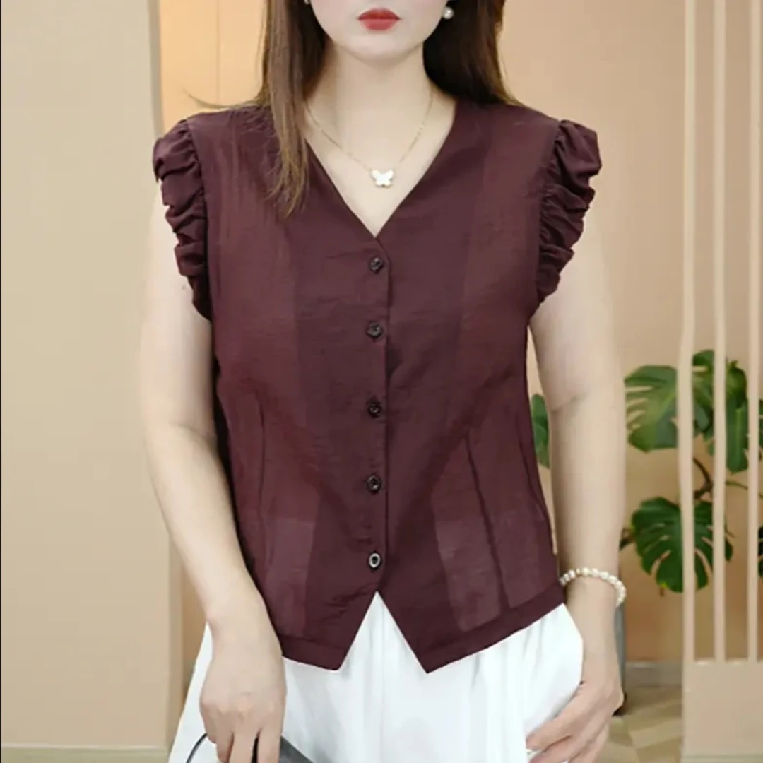 2025夏季新品时尚百搭修身显瘦法式洋气设计感女士无袖上衣8077