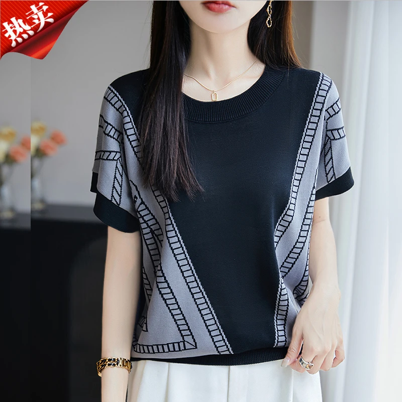 2025新款复古通勤针织衫飞飞袖女装气质拼色圆领T恤上衣夏薄款