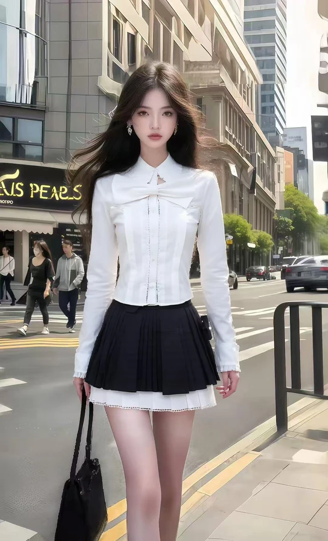 韩版通勤风白色长袖修身设计感衬衫上衣+百褶高腰半身裙女两件套