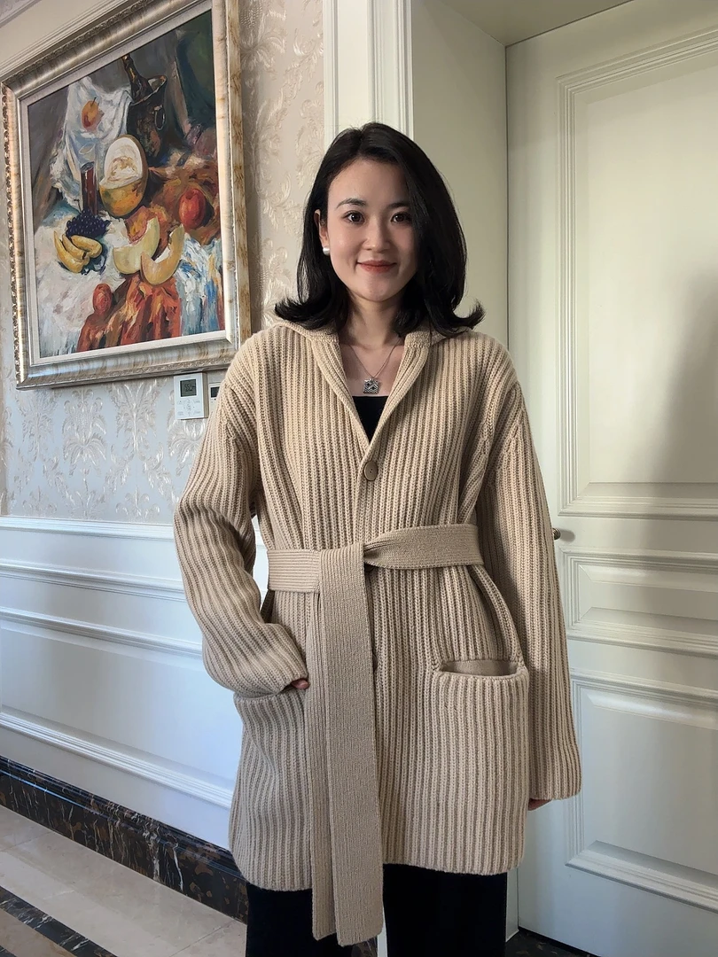 “航海家”MRH24501 重磅羊绒羊毛翻领中长款系带针织开衫外套