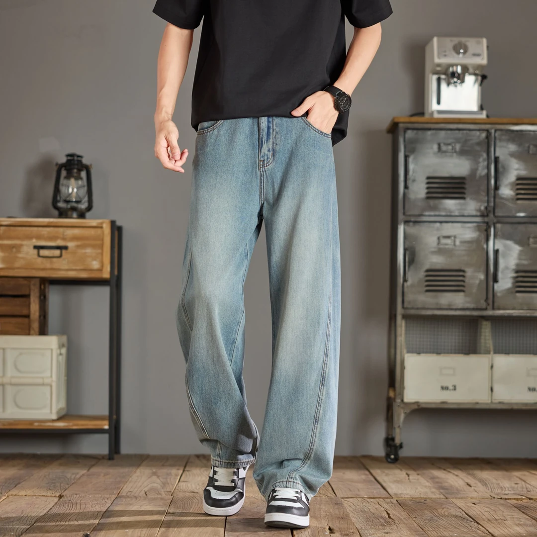 莱赛尔浅蓝色牛仔弯刀裤男夏季薄款2025新款宽松直筒休闲潮流长裤