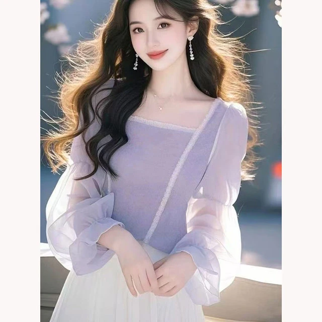 高级感紫色方领长袖衬衫女春季法式气质设计感独特绝美超好看上衣