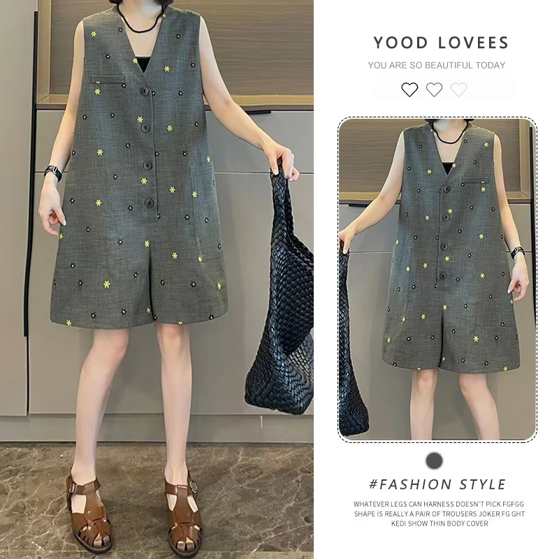 灰色法式撞色刺绣短款连体裤女夏季2026年新款小个子背心连身裤