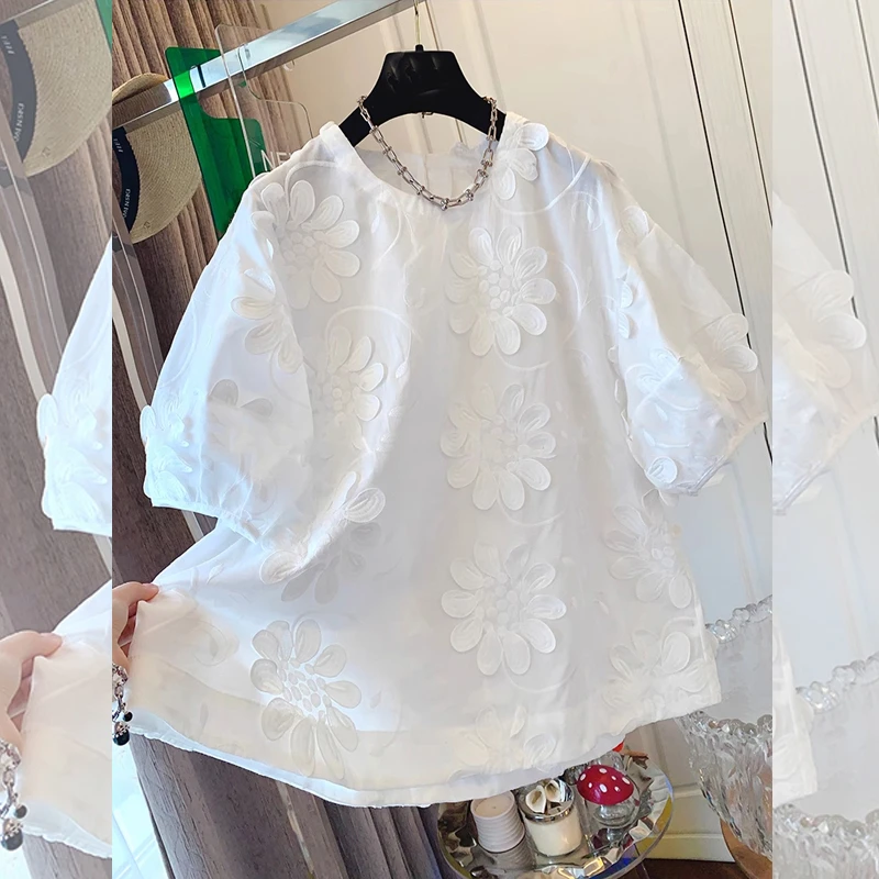 法式休闲花朵娃娃衬衫女夏季新品设计感小众大码显瘦泡泡袖流行潮
