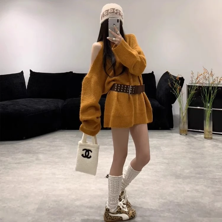 慵懒风时尚露肩毛衣女秋冬季韩系宽松显瘦洋气百搭休闲针织衫上衣