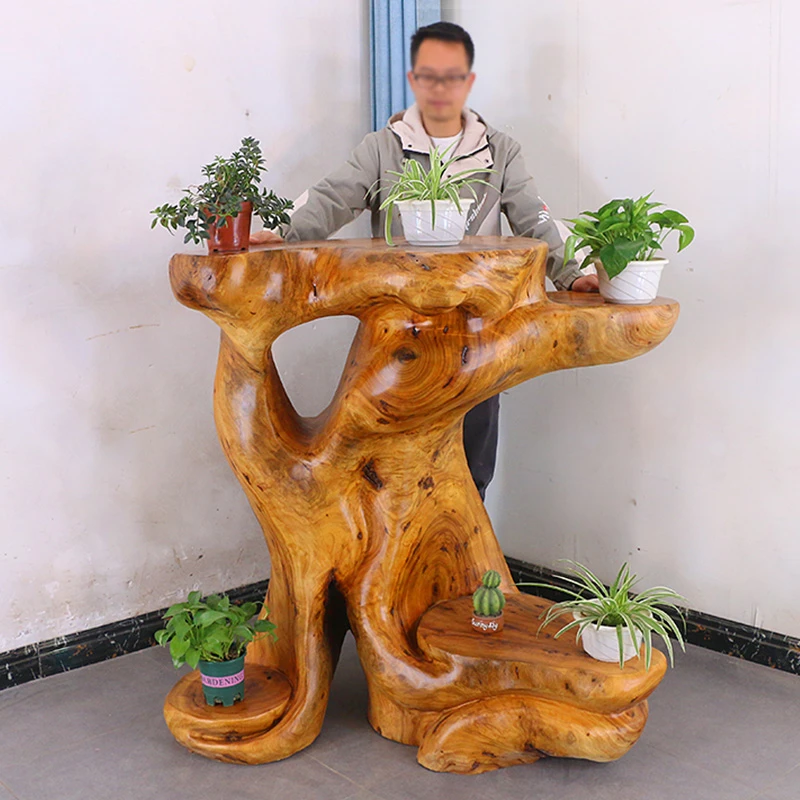 香樟木新中式根雕花架实木多层花几落地式盆景架室内MH10893