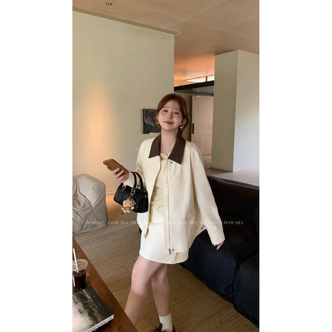 现货大婉酱微胖定制春季设计感简约撞色翻领外套半裙两件套 6515D