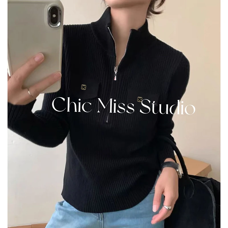 【黑色】3652超柔软新款高品质中领半拉链针织上衣