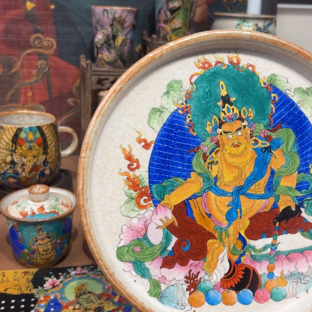 手工手绘黄财财茶盘