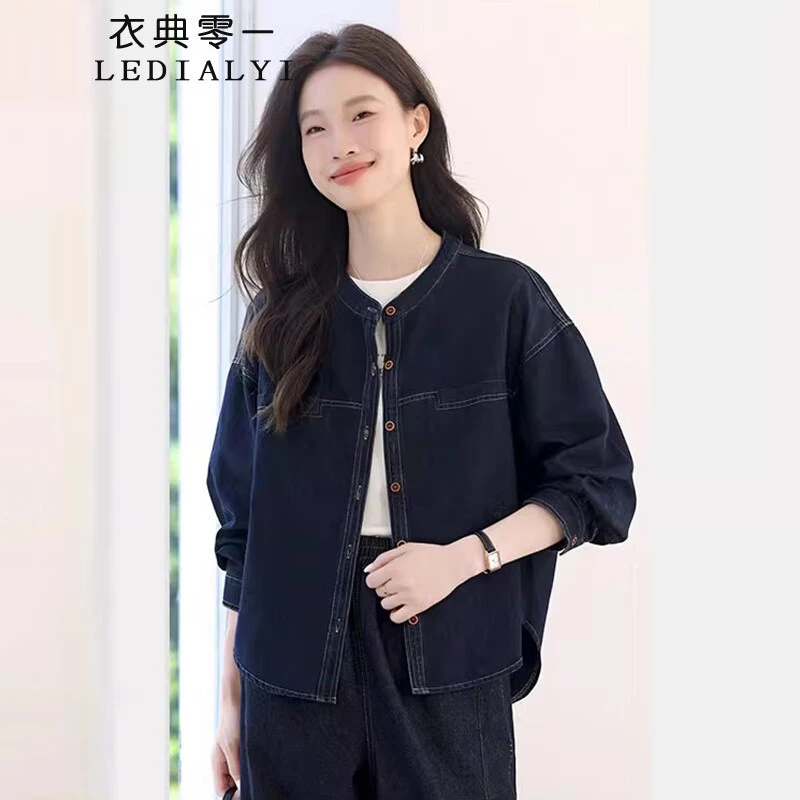 圆领单排扣牛仔衬衫外套2025春秋新款中年妈妈复古休闲短款上衣女