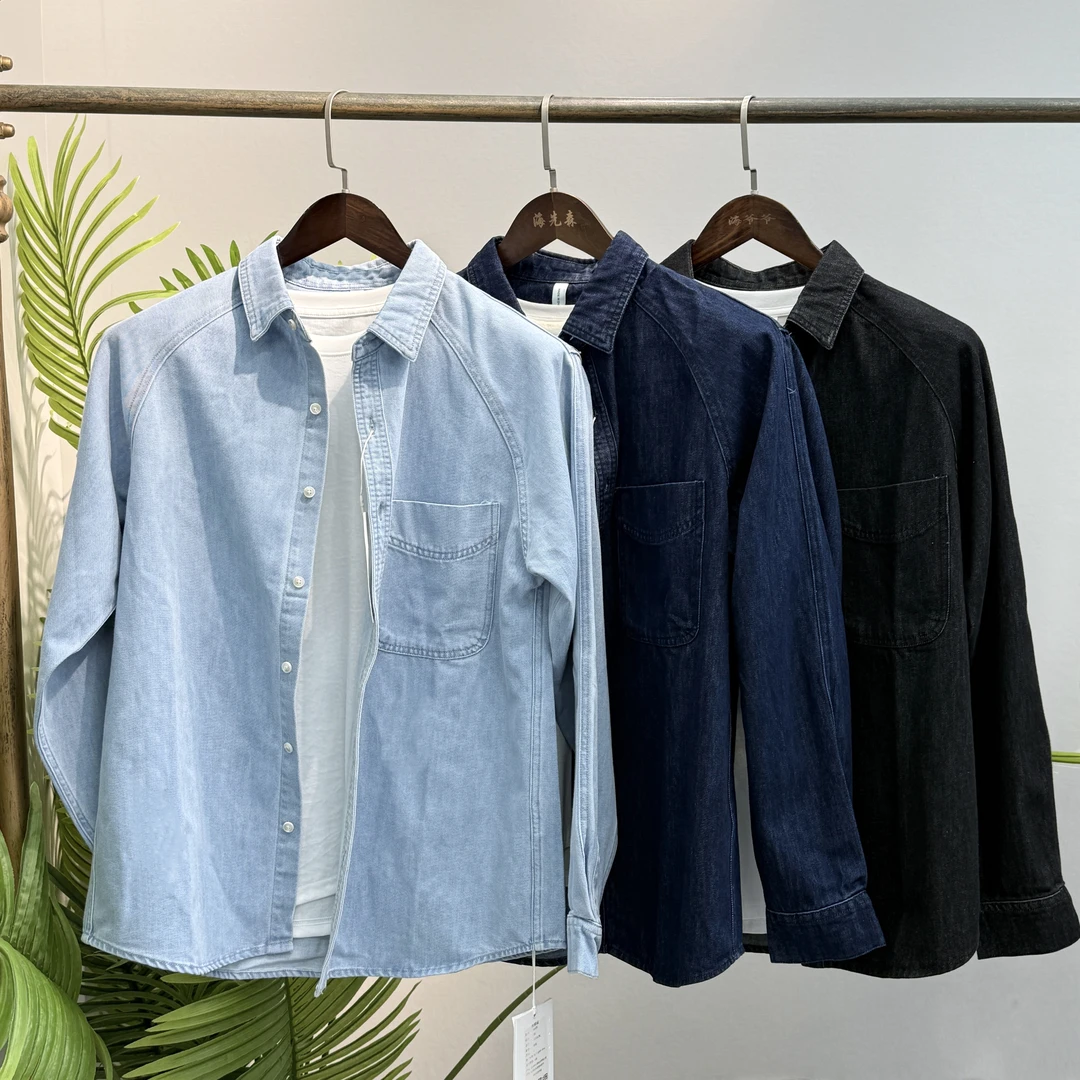 设计师款！原色水洗！秋季翻领休闲工装风牛仔长袖衬衫潮 7829