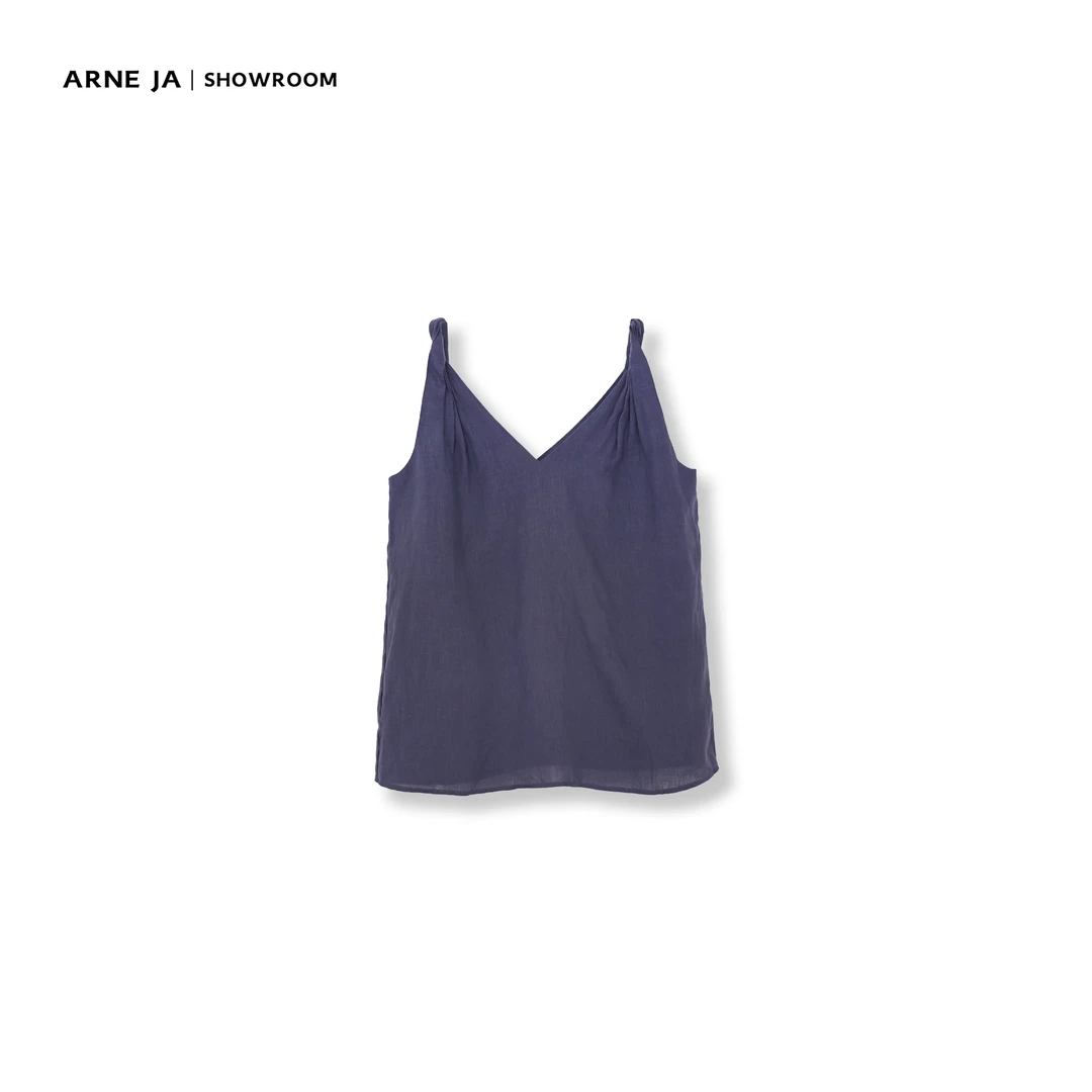 ARNE JA｜简约法式扭结带定染幻蓝色V领气质亚麻吊带