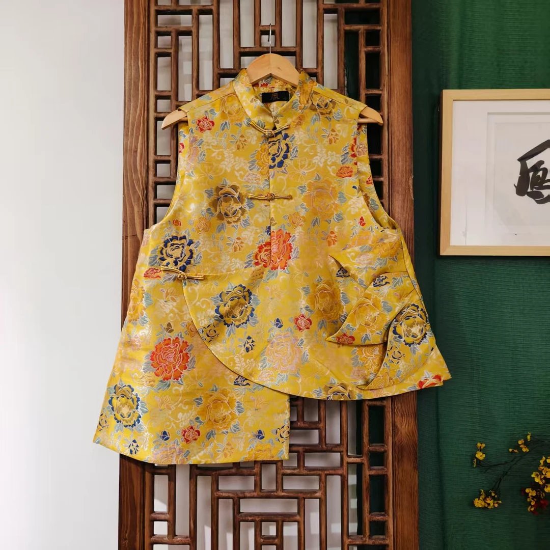 凤徕兮私人定制黄底彩色牡丹花不规则盘扣小立领马甲 （SM5427）黄