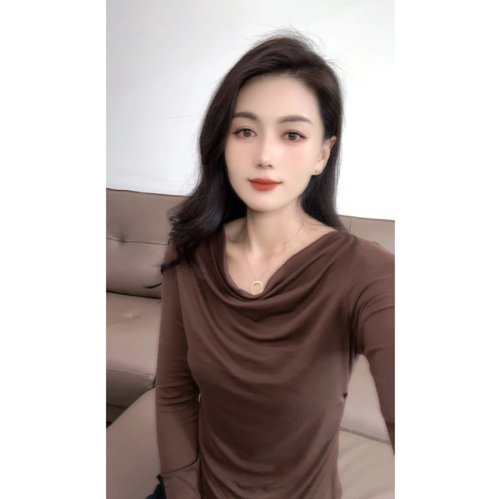 荡领堆堆领简约纯色T恤长袖2025年秋季新款洋气小衫百搭时尚单品