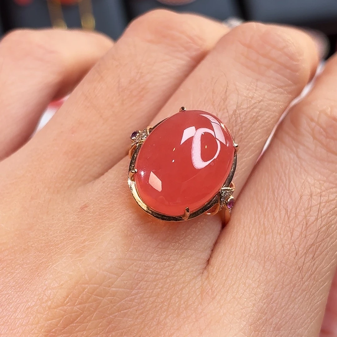 菱锰矿（红纹石）18K金镶嵌戒指