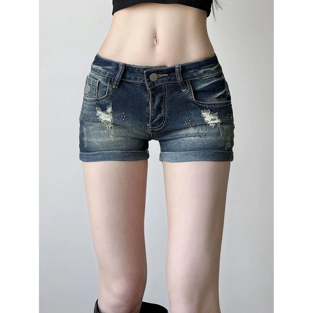 美式复古大码水洗做旧磨破牛仔短裤女辣妹y2k修身显瘦阔腿热裤潮