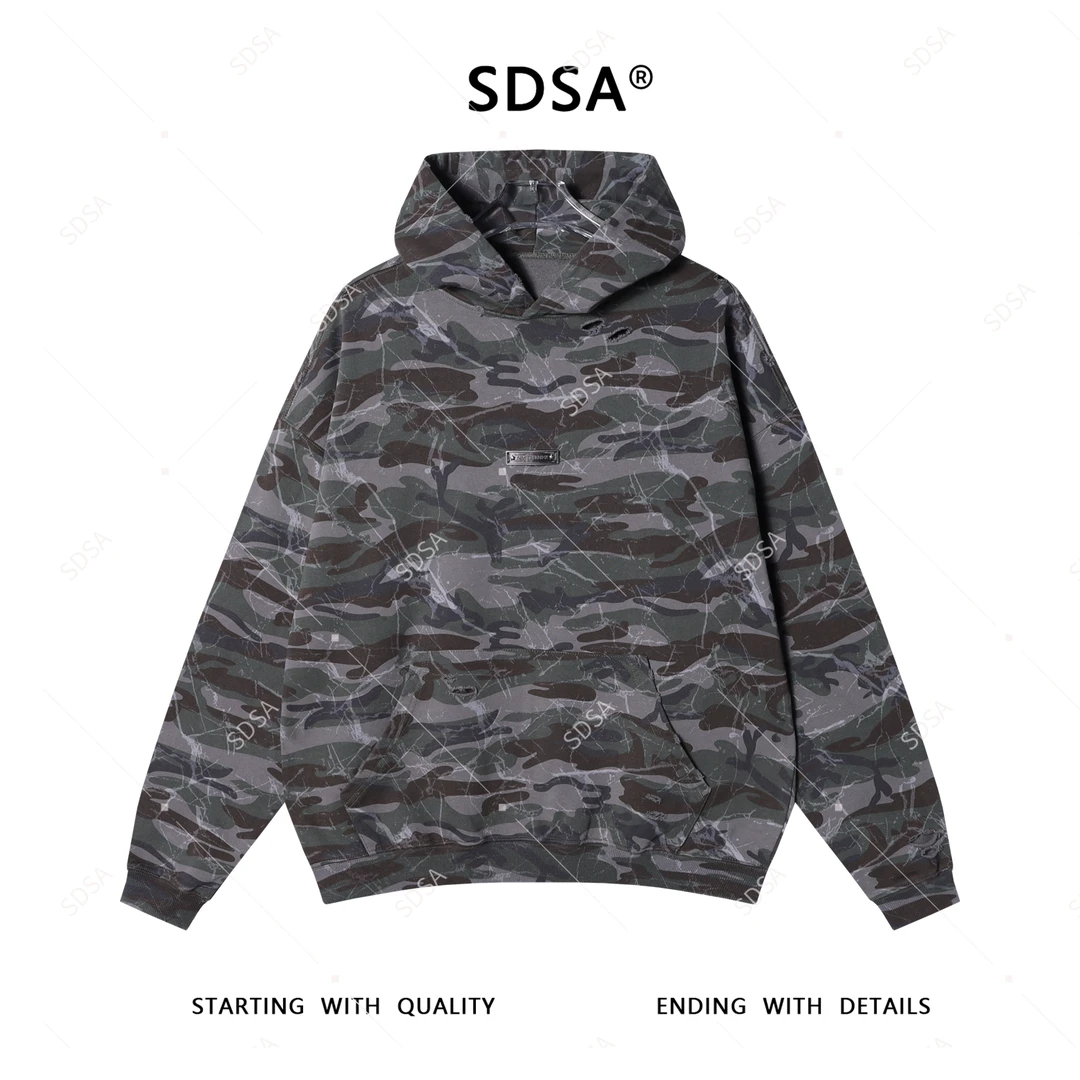 SDSA男士秋冬新款轻奢痞帅男装破洞迷彩连帽卫衣套头时尚百搭上衣