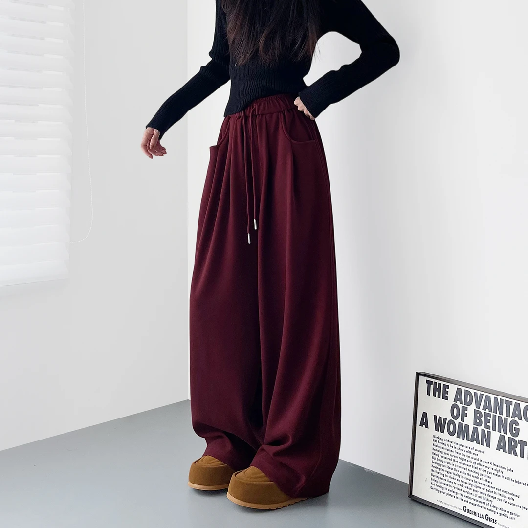 高腰松弛感仿羊绒阔腿山本裤女冬季2025新款大码胖mm显瘦加绒卫裤