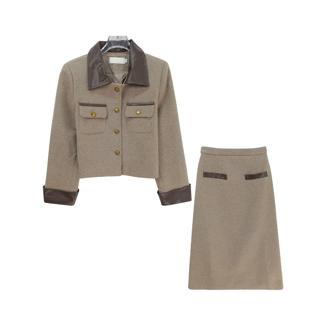 翻领拼接复古小洋装短上衣高腰半身裙套装S5476