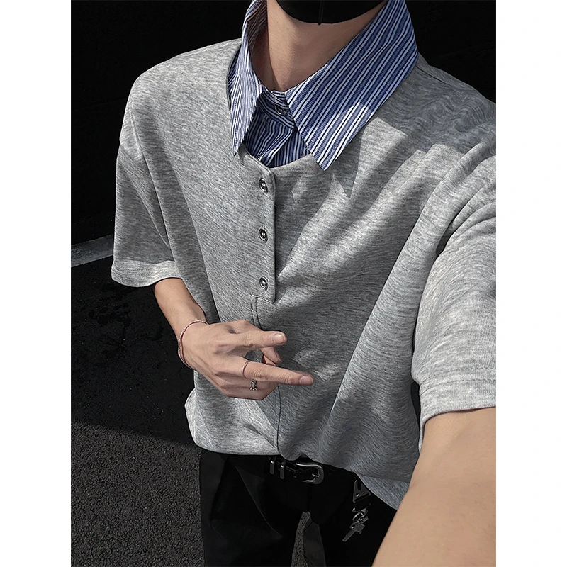 雅鹿男装雅鹿男士夏季宽松百搭时髦假两件拼接条纹翻领短袖T恤