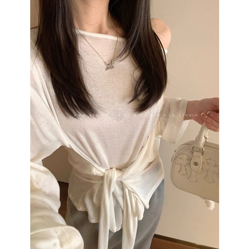 白色系绳绑带休闲宽松T恤新款斜肩设计感防晒薄款长袖上衣女罩衫