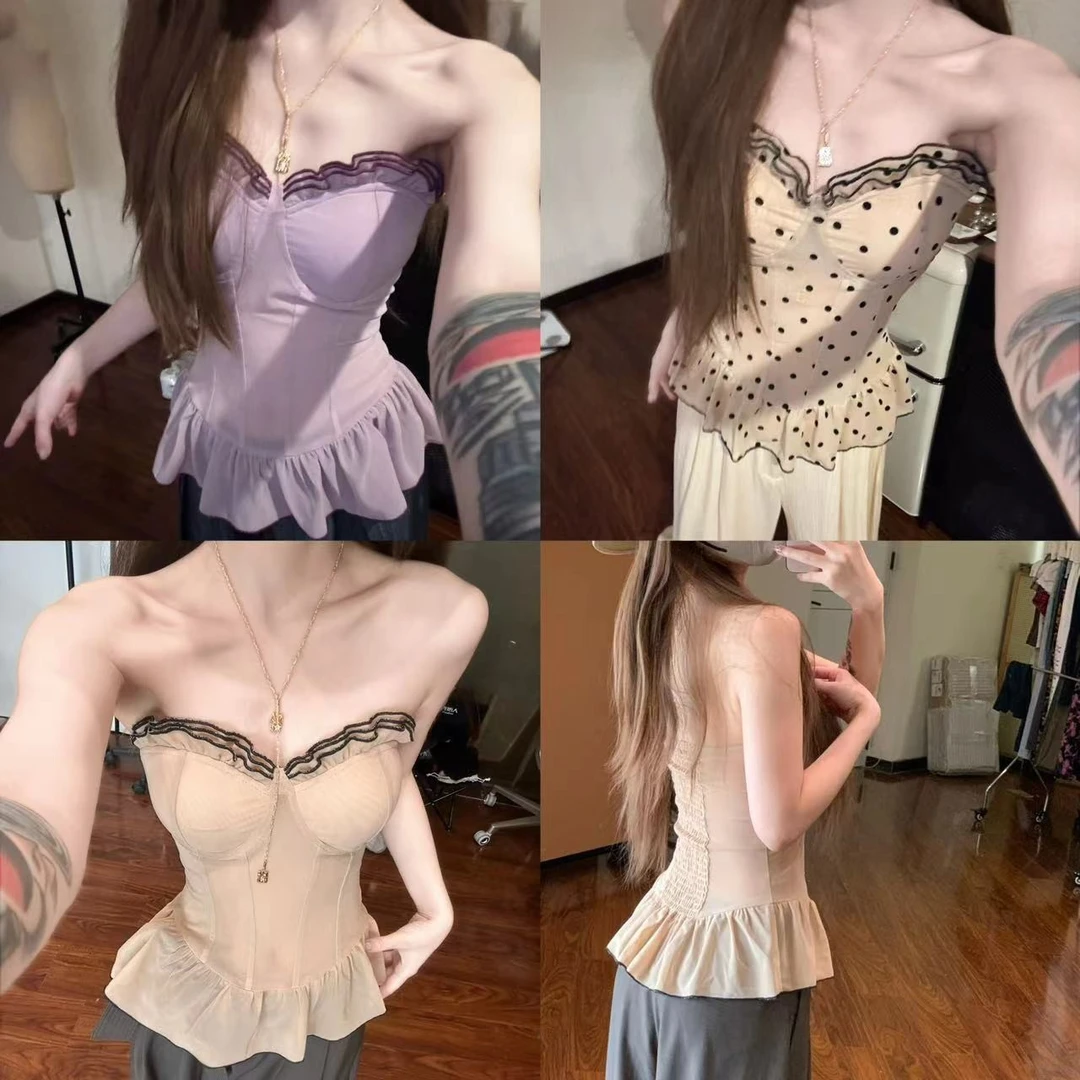 【怦然心动】鱼骨造型胸垫网纱抹胸后背弹力显瘦上衣+开衫套装56413