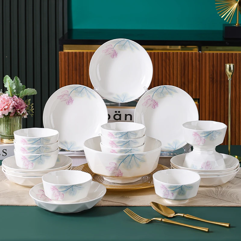 富贵花开简约碗碟套装家用陶瓷餐具创意盘子碗盘套装