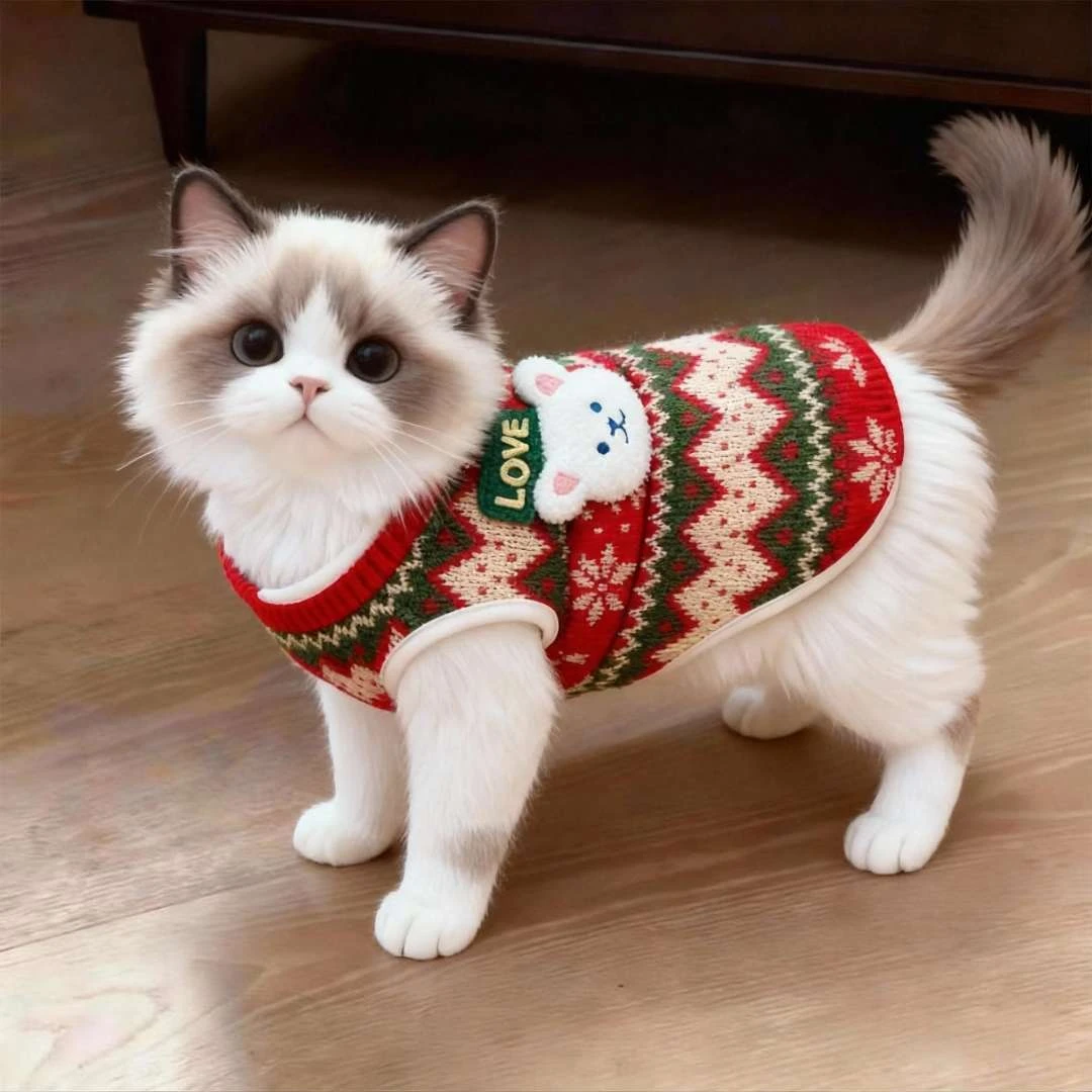 秋冬猫咪衣服可爱保暖圣诞马甲银渐层布偶无毛猫喜庆狗狗背心加厚