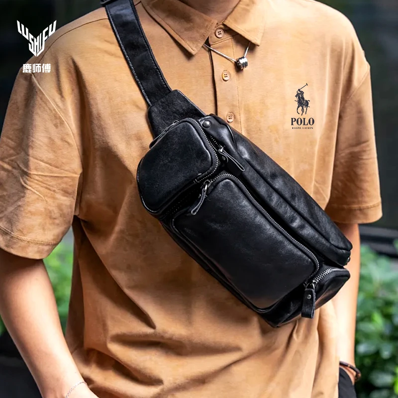 鹿师傅腰包胸包意大利进口牛皮时尚百搭男朋友斜挎包单肩包男士