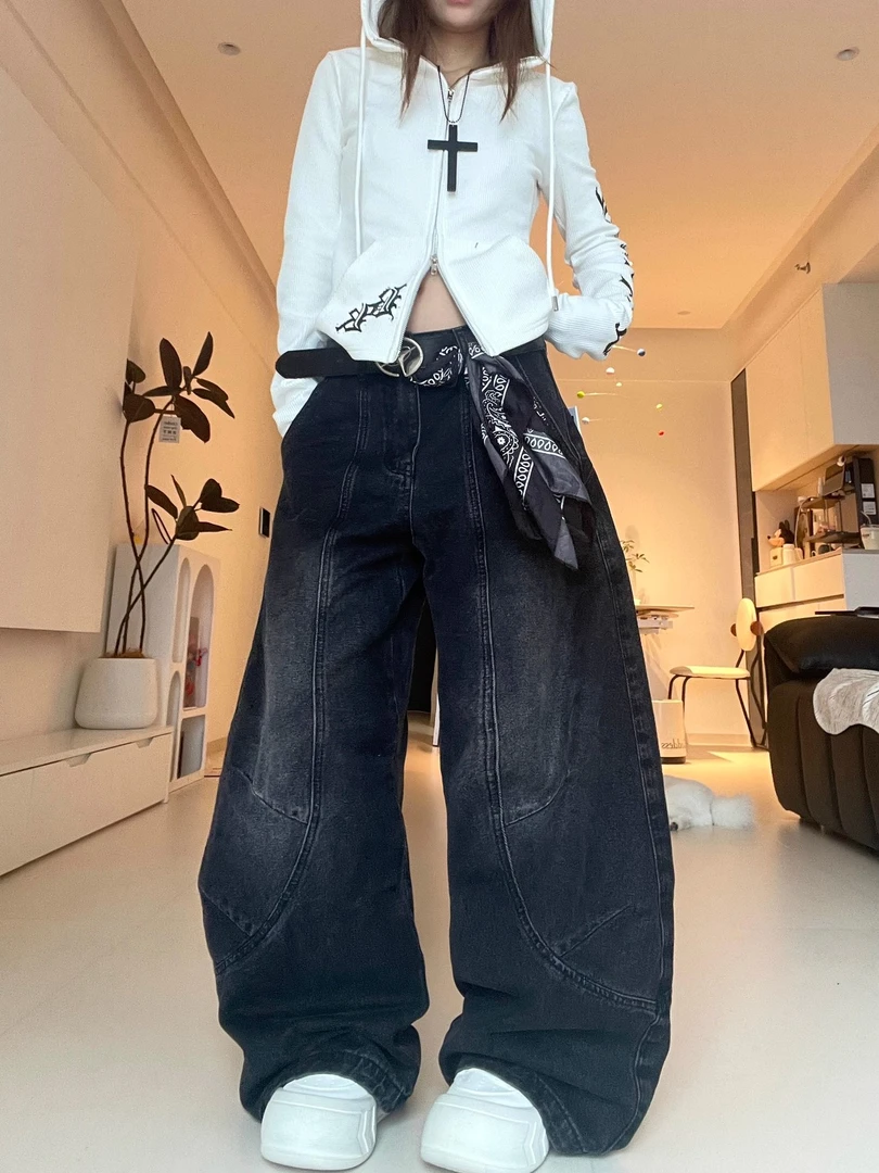 美式复古水洗做旧黑色牛仔裤女宽松立体裁剪拼接设计感弯刀阔腿裤