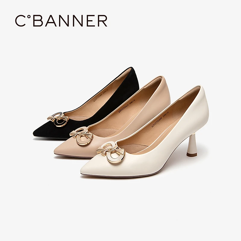 【静音系列】千百度 25年时尚饰扣细高跟真皮气质通勤单鞋A25157755