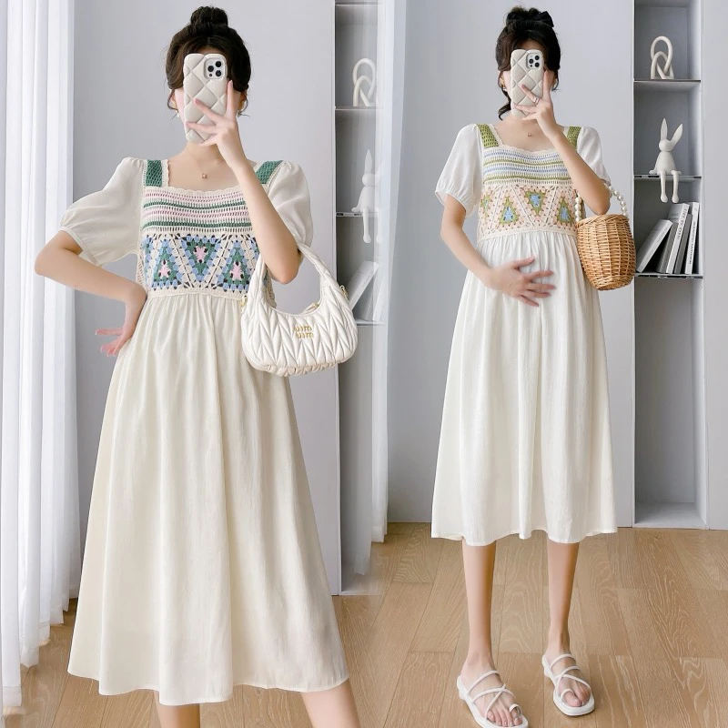 2025夏新款网红孕妇装小清新甜美减龄镂空拼接连衣裙显瘦气质时尚