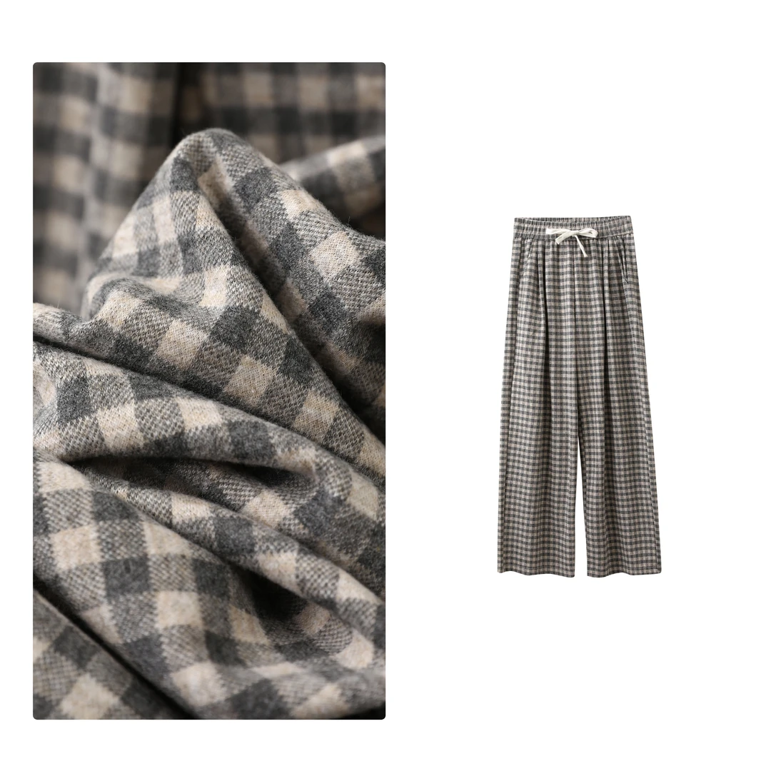 B 门店39&9！方块休闲裤」软糯磨毛黑白格子休闲直筒阔腿裤女C20377