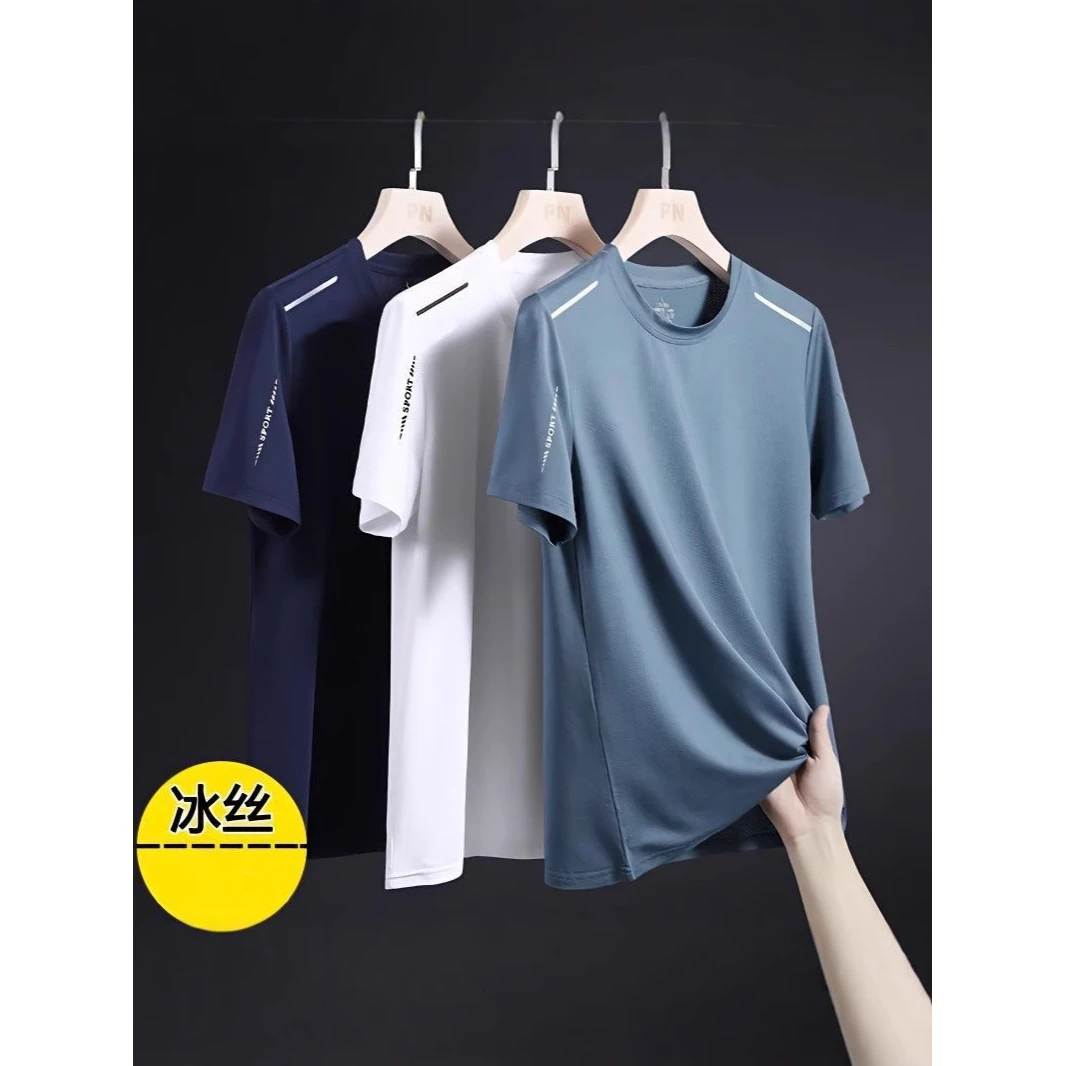 新款夏季轻薄冰丝短袖T恤网眼运动健身速干宽松男士款透气
