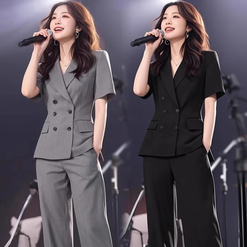薄款时尚西装套装女夏季新款洋气显瘦短袖西服阔腿裤气质两件套潮