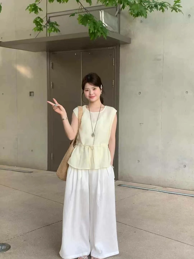 灰灰呀！72120 韩系复古设计感圆领收腰显瘦百搭无袖衬衫