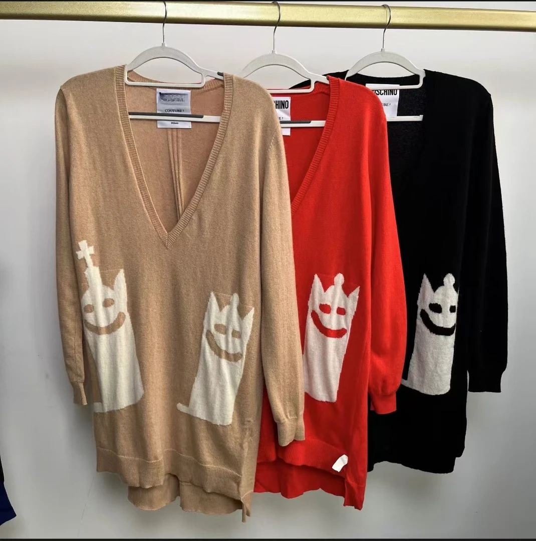 D5501【精灵图案】女士V领中长款针织衫