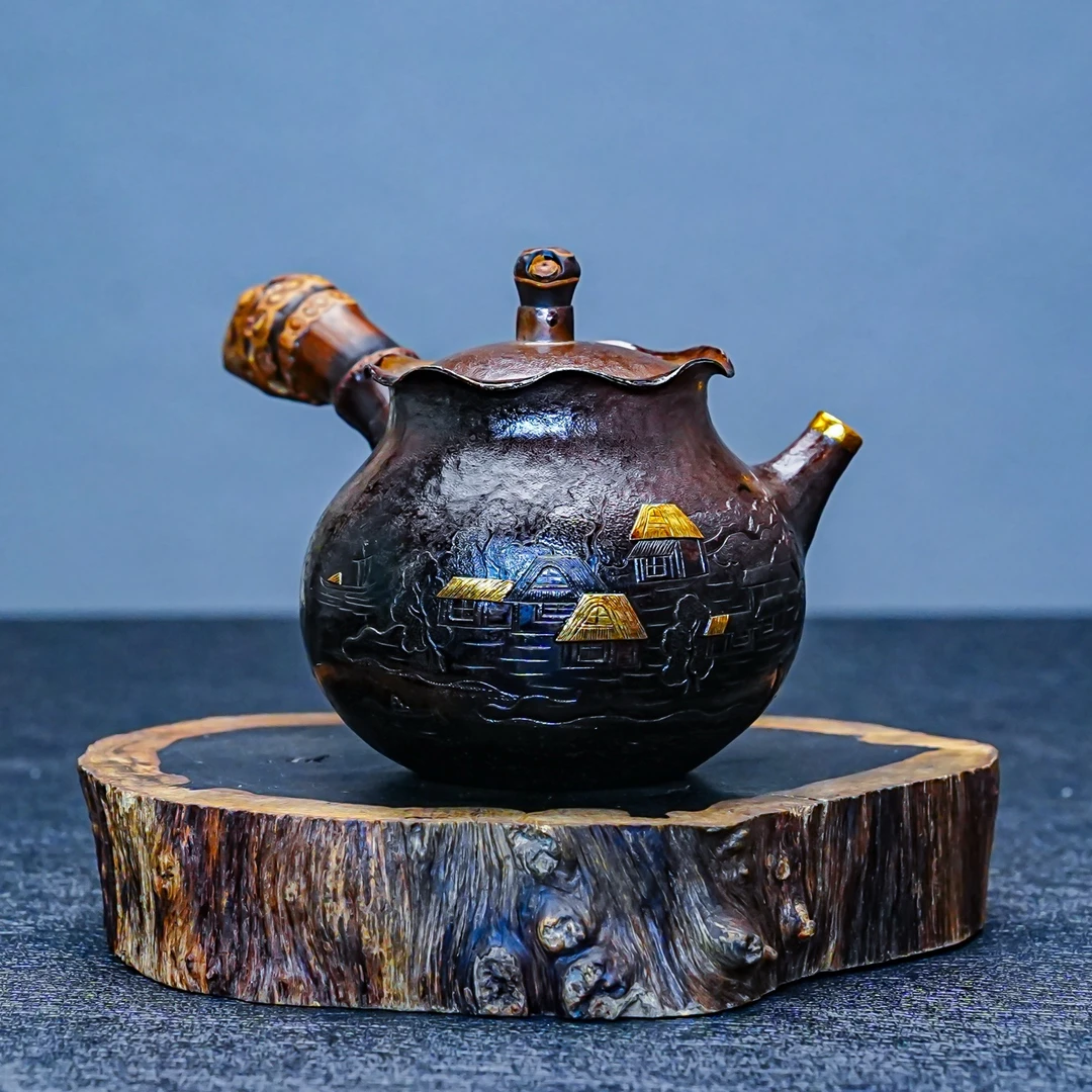 【慕雨手作】洪金鸿制嵌金山水侧把执壶家用银壶足银999银茶具