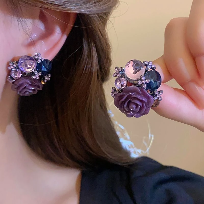 铜合金耳饰 欧美复古紫色花朵耳钉时尚个性高级耳环轻奢百搭耳饰