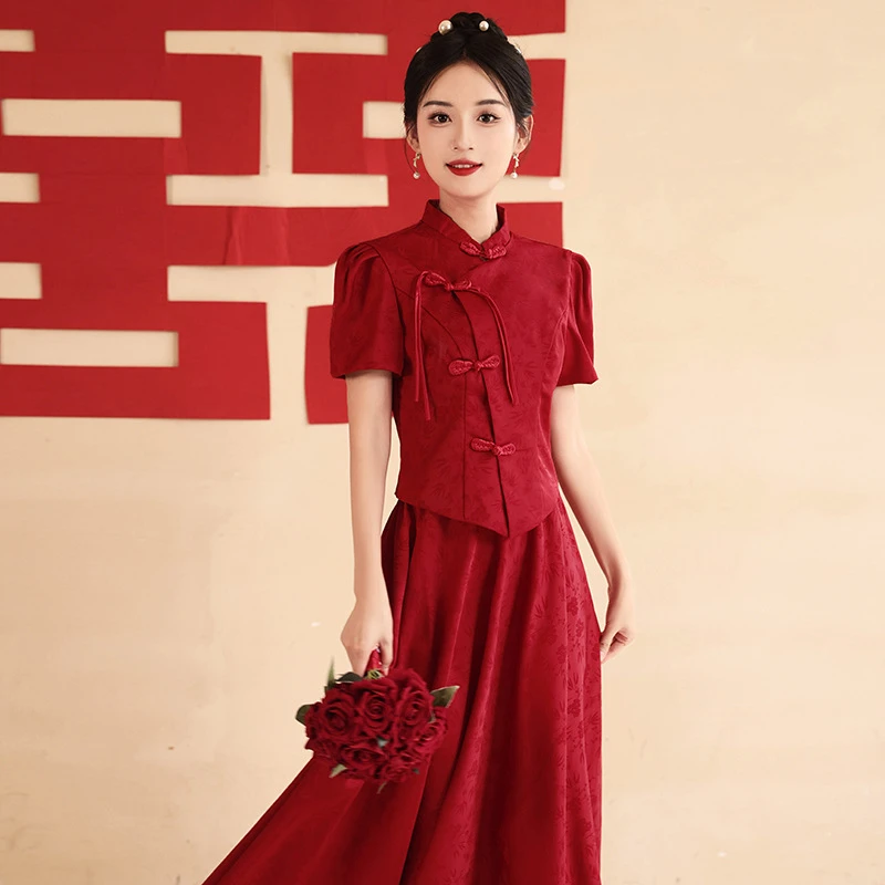 新中式旗袍敬酒服新娘红色结婚衣服回门连衣裙婚宴订婚礼服套装dd