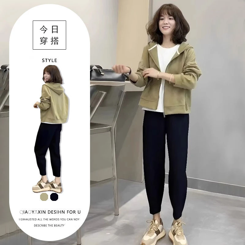 温柔风穿搭套装女春秋季新款复古连帽外套上衣黑色束脚裤子两件套