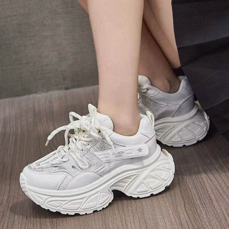 C6604 米色 时尚厚底圆头系带女休闲运动鞋  老爹鞋