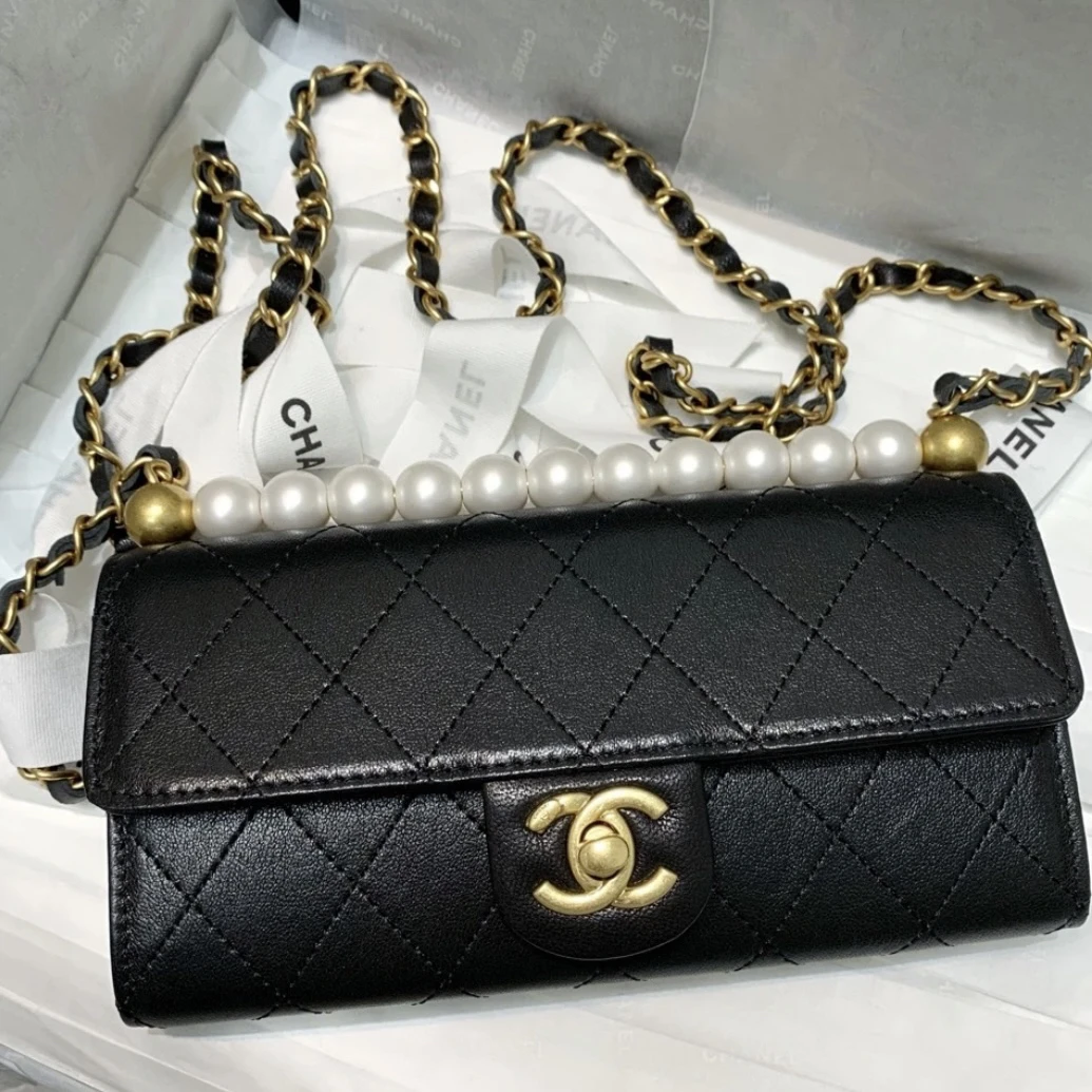 95新 Chanel/香奈儿 艾瑟尔奢品/黑金珍珠横版woc单肩包/0628