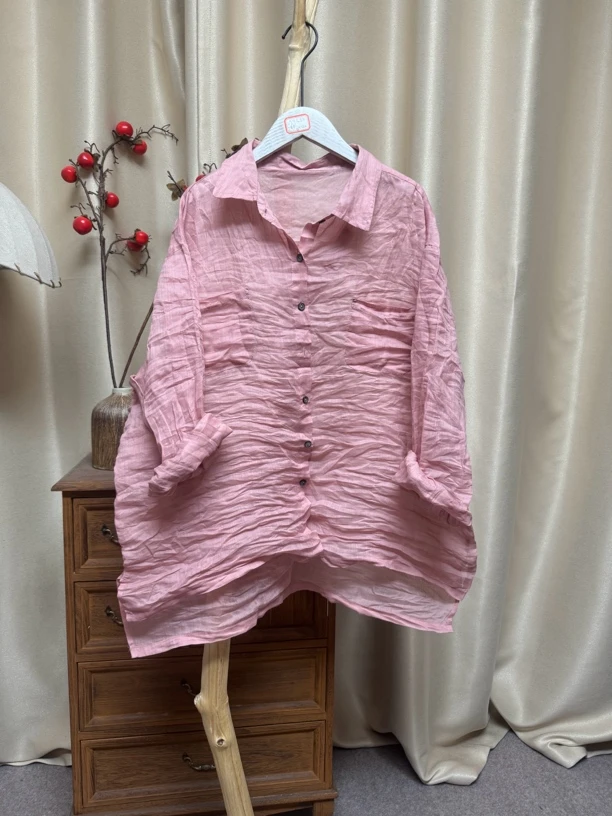 1735森女系纯色宽松苎麻中长款长袖衬衣衣长67胸围132