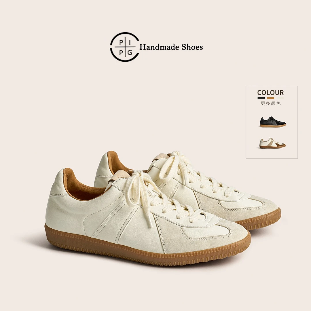 PIPG德训鞋男女真牛皮小白鞋春夏季百搭平底休闲运动复古厚底板鞋