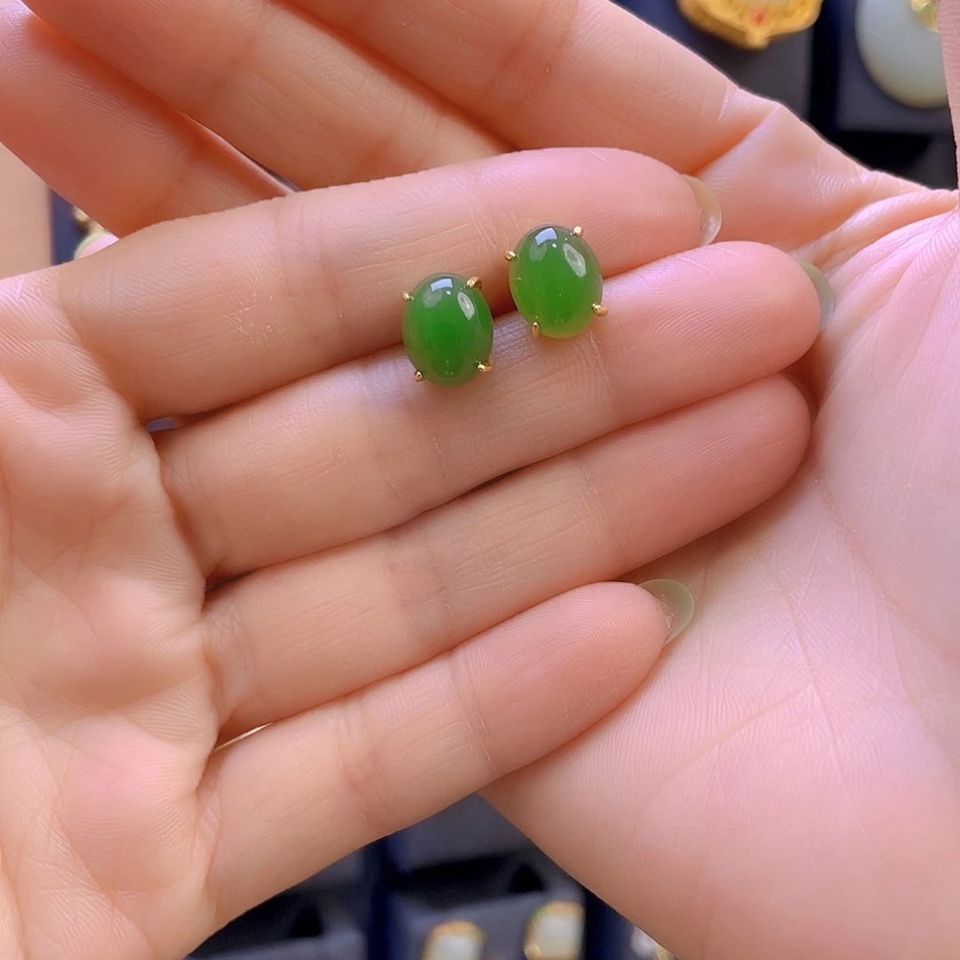 和田玉耳饰银S925镀金镶嵌