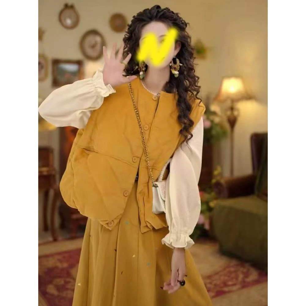 爆款欧货复古圆领单排扣棉马甲女秋冬新款无袖宽松显瘦外搭上衣潮